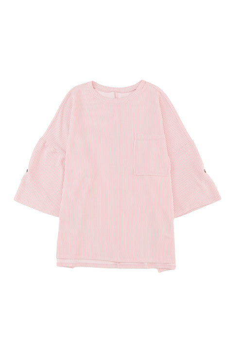 Ribbed Roll-tab Sleeve Chest Pocket Oversize Top